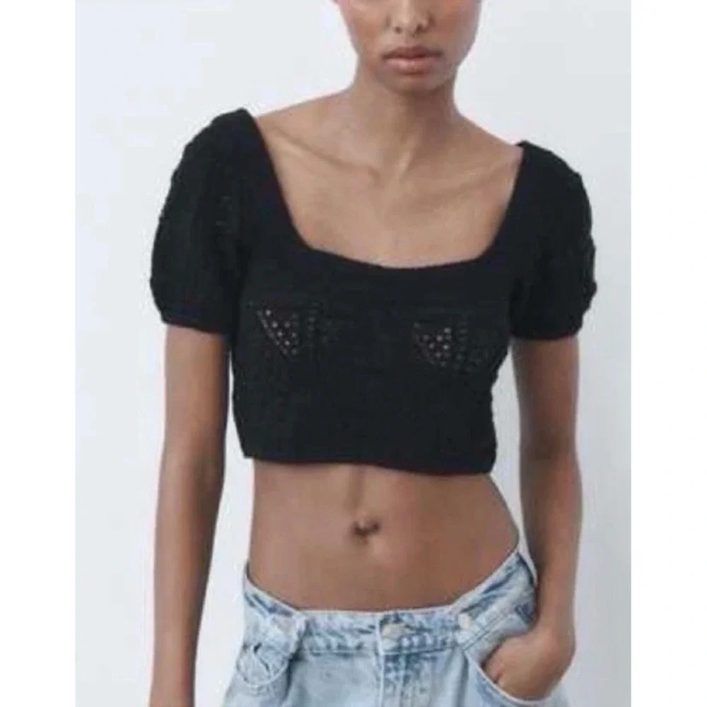Zara Black Pointelle Knit Crop Top Square Neck Short Puff Sleeve NWT Size M